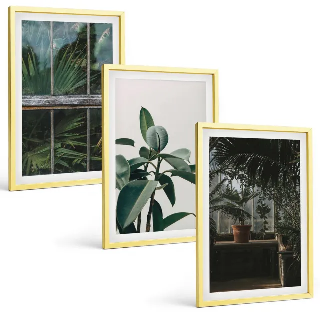 TULUP 4-Delige Schilderij Set - Groene bladeren op het raam en planten in het interieur. - 40 x 60 cm - Moderne Wanddecoratie - Woonkamer - Muurdecoratie Gouden lijst