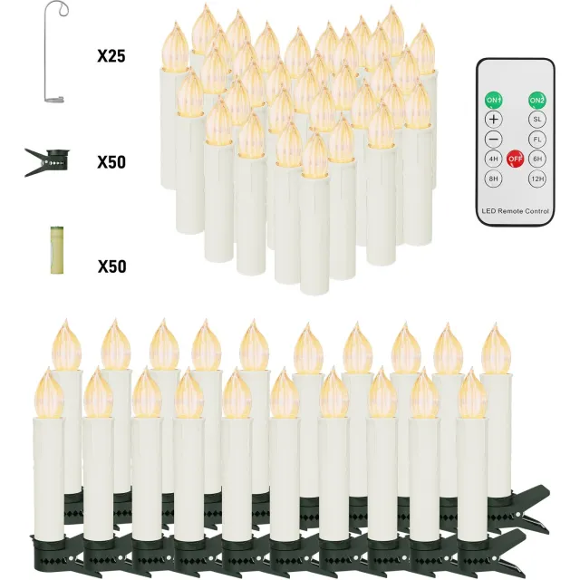 NAIZY LED Kaarsen 50 Stuks - Warm Wit - Kerstboomkaarsen met Clip - Timer & Afstandsbediening - IP44 - Batterijen Inbegrepen - NAIZY Warm wit licht