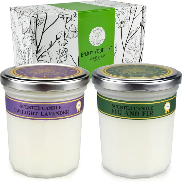 NAIZY Geurkaars Gift Set 210g 2st Stickers Glazen, Geurkaars Decoratie Set voor Slaapkamer, Woonkamer (Style B, Lavendel + Fig Fir)