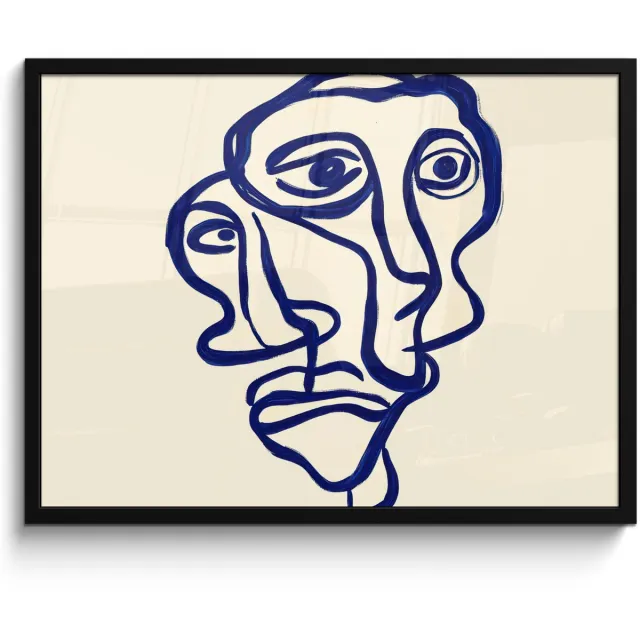 FrameYourWall Poster in lijst - Fotolijst 70x50 cm - Posters - Lijntekening - Overlappende gezichten - Donkerblauw - Posterlijst zwart - Decoratie - Wanddecoratie woonkamer - Muurdecoratie slaapkamer Overlappend - Gezichten