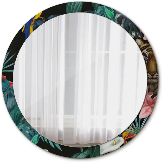 TULUP Spiegel - Ronde vorm Spiegel - op gehard Glas - Vintage jungle - Diameter: 100 cm - Spiegel met patroon - Luxe Spiegel - Groene - Decor voor woonkamer - Spiegel voor hal of entree - Make-up Spiegel - Spiegelmontageset Groen Vintage jungle