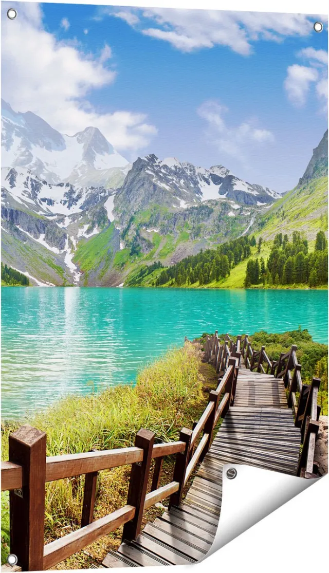 Gards Tuinposter Pad naar een Helder Blauw Meer in de Bergen - 60x90 cm - Tuindoek - Tuindecoratie - Wanddecoratie buiten - Tuinschilderij Multikleur