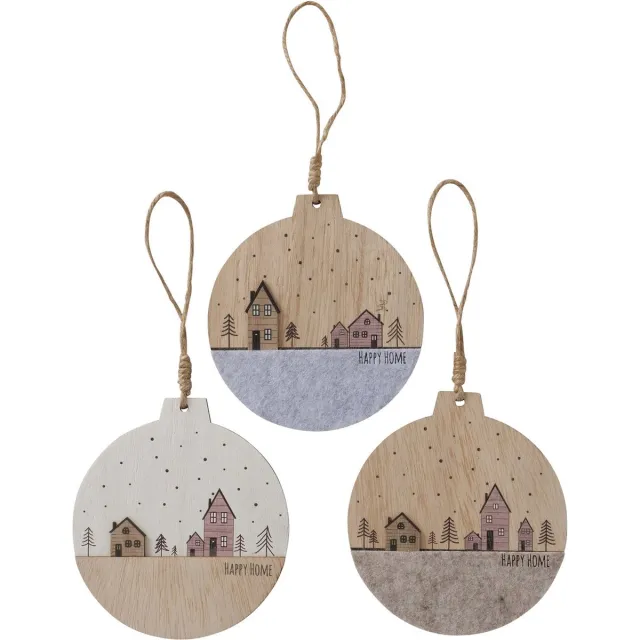 Boltze Home Decoratieve hanger Homewood in de vorm van kerstbal met dessin van huisjes met kerstbomen- gemaakt van hout en vilt - Dia 12cm verschillende