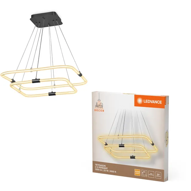 Ledvance Decor Tetragon, 2-lichts hanglamp van gebogen polycarbonaat met LED en filamentontwerp, 23 W, 2500 lm, 3000 K, 830 warm wit, click dimbaar, donkergrijs, kunststof (PC), IP20