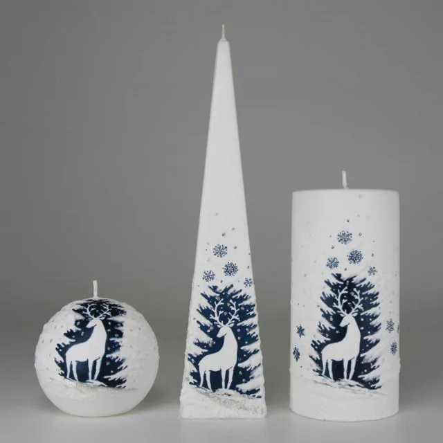 Jakelis Kerst Kaarsen Set Handgeschilderd - Hert - Wit/Blauw - kerst - kerstverlichting