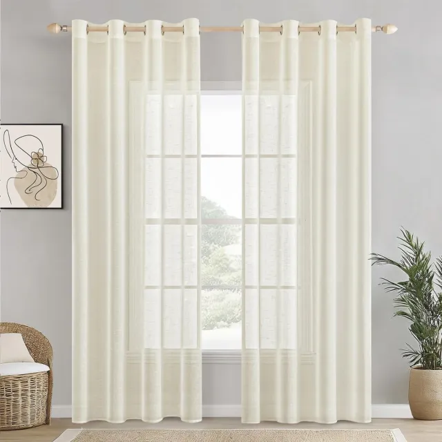 Unyqoos ® Transparante Linnen Gordijnen Set met Oogjes voor Woon- en Slaapkamer Decoratie, Ivoor, 140 x 225 cm Wit