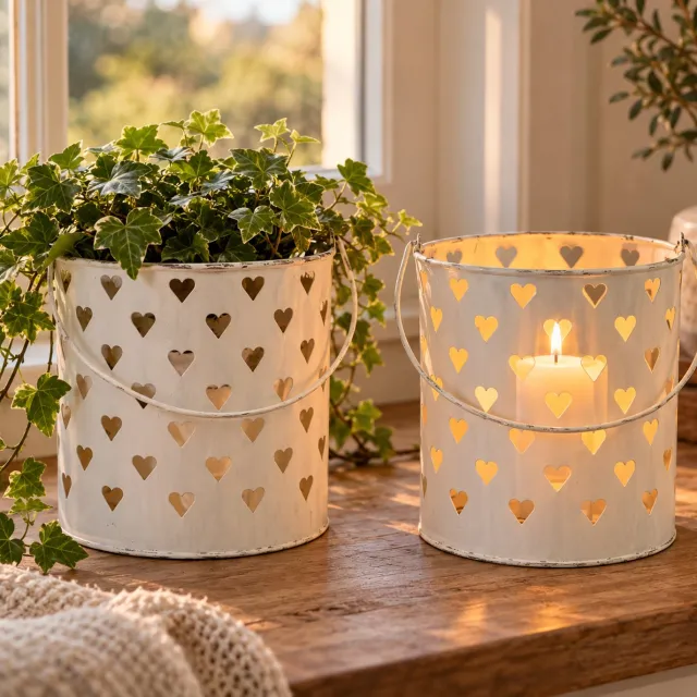 ZoeZo Design 2 stuks - grote kandelaar - Windlicht - kaarshouder - metaal - vintage wit - bloempot - H20 x Ø20 cm