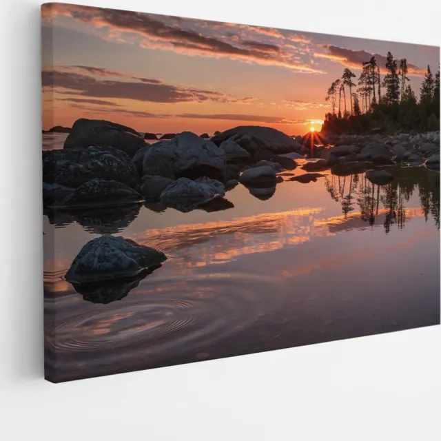 Saammp Canvas Schilderij - Zonsondergang - Stenen - Bomen - Landschap - Natuur - 40x30 - Foto op canvas - Wanddecoratie - Muurdecoratie Woonkamer - Slaapkamer decoratie - Canvas Print Multicolor