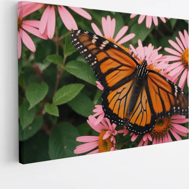 Saammp Canvas Schilderij -Vlinder bij roze bloemen - Dieren - Natuur - 50x40 - Foto op canvas - Wanddecoratie - muurdecoratie Woonkamer - Slaapkamer decoratie - Canvas Print Multicolor
