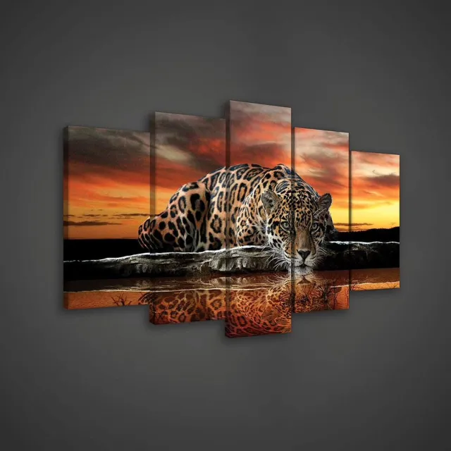 Canvas Schilderij - Jaguar - Zonsondergang - Cheeta - Dieren - Lucht - Wild - Natuur - Afrika - Schilderij Woonkamer - Schilderijen op canvas - Inclusief Frame - 5 Luiks - 5 Delen - 100x60cm (LxB) Jaguar - goud