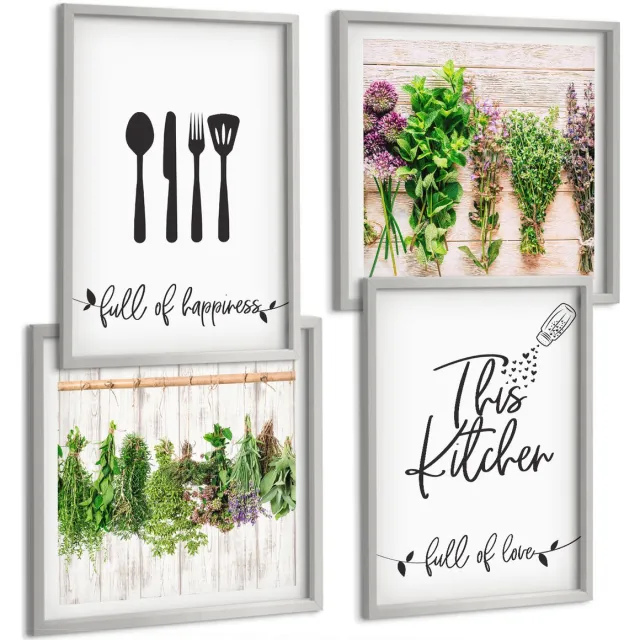 Coloray 4-Delige Schilderij Set - Keukenbordjes Gedroogde Kruiden En Planten - 40 x 40 cm En 40 x 60 cm - Moderne Wanddecoratie - Slaapkamer Zilveren lijst