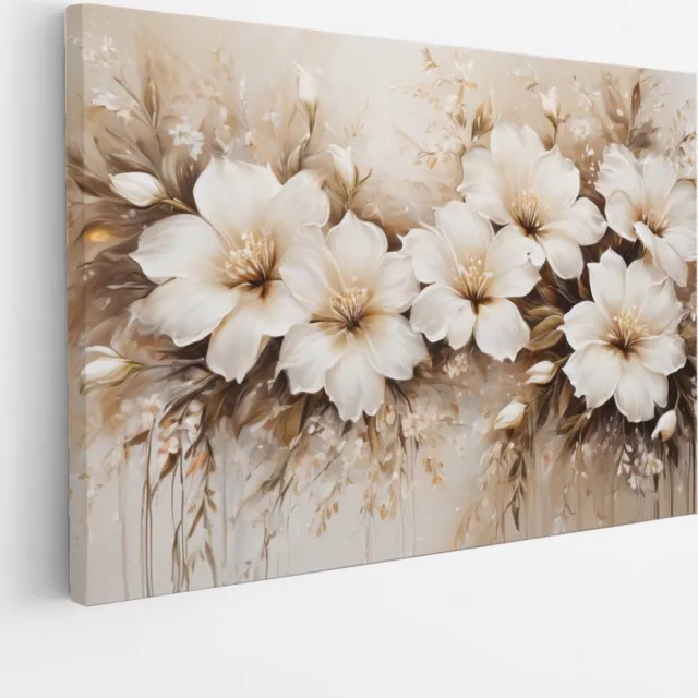 Saammp Canvas Schilderij - Witte Bloemen - Beige - Abstract - 70x50 - Foto op canvas - Wanddecoratie - Muurdecoratie Woonkamer - Kantoor Decoratie Multicolor