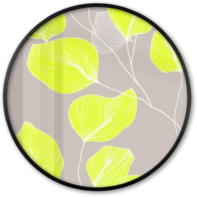 FrameYourWall Poster in lijst Rond - Fotolijst 80x80 cm - Posters - Bladeren - Neon - Geel - Lijnen - Ronde posterlijst zwart - Decoratie - Wanddecoratie woonkamer - Muurdecoratie slaapkamer Bladeren - Lijnen - Neon