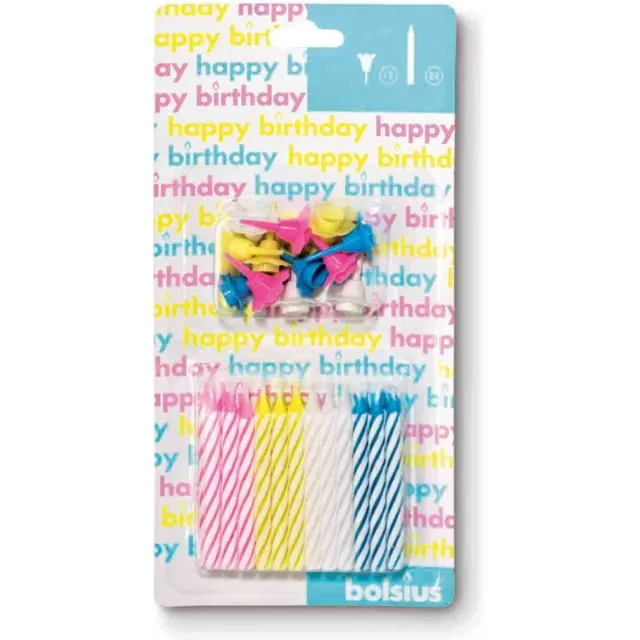 Bolsius Taartkaarsjes - 24 kaarsjes - 12 houders - Assorti Multi