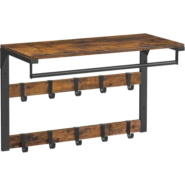 Bruinsma INEX Wandkapstok Met Hoedenplank - Wandkapstok - 10 Verwijderbare Haken - Moderne Kapstok - 65Lx30Bx42H CM - Zwart/Hout Bruin