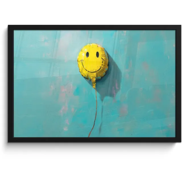FrameYourWall Poster in lijst - Fotolijst 60x40 cm - Posters - Ballon - Geel - Smiley - Posterlijst zwart - Decoratie - Wanddecoratie woonkamer - Muurdecoratie slaapkamer