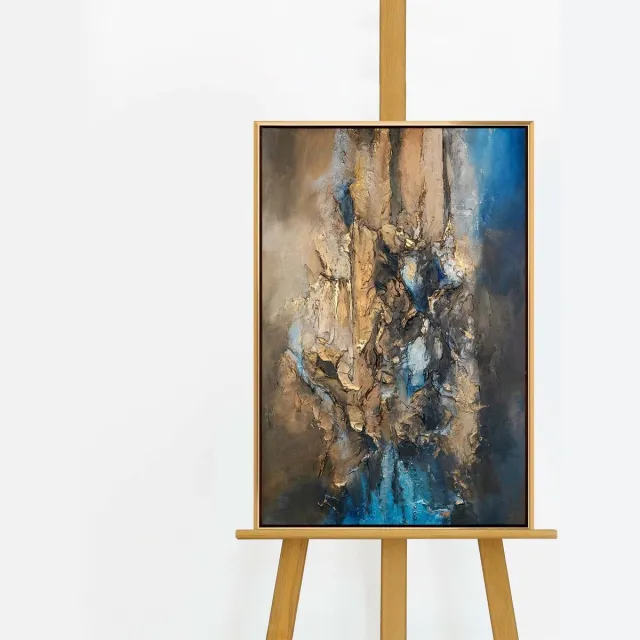 YS Schilderij - Handgeschilderd canvas schilderij - Wanddecoratie Abstract - Blauw en goud - Acryl - Muurdecoratie woonkamer - Slaapkamer decoratie - Kamer accessoires - schilderijen Slaapkamer - Abstract schilderij Gold 60x40