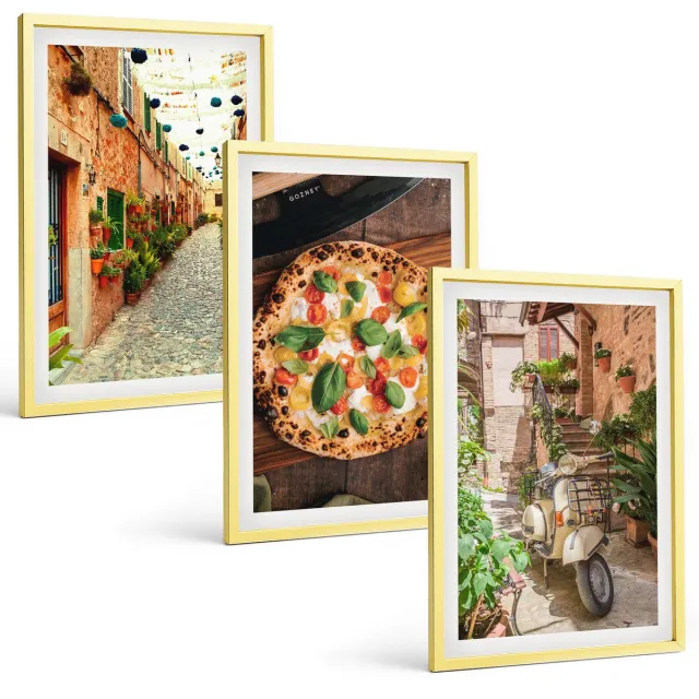 TULUP 4-Delige Schilderij Set - Sfeervolle straatjes met planten en Italiaanse pizza. - 40 x 60 cm - Schilderijen Set - Wanddecoratie - Woonkamer - Muurdecoratie Gouden lijst