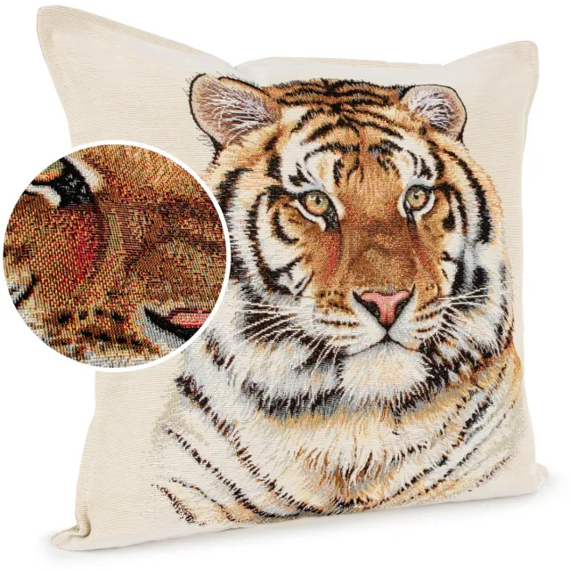 ANRO Tijger Sierkussen 45x45 cm - Jacquard gobelin - Inclusief vulling Beige