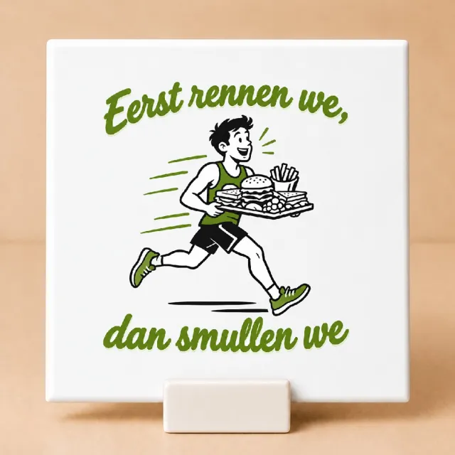 Bedruk King Minimalistische Hardlopers tegen de feestdagenkilo’s Tegel – Stijlvol lijnwerk voor sportieve hardloopfanaten - 11 x 11 cm met houder Wit