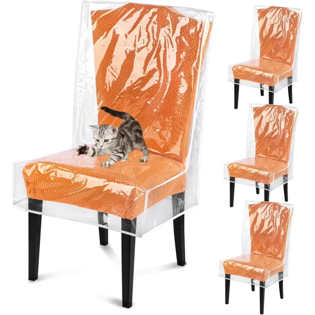 OEMG Waterdichte stoelhoezen - Set van 4 transparante plastic stoelkussens, geschikt voor keukens, die effectief watervlekken, stof, vuil en krassen door huisdieren voorkomen. Afmetingen: 53 cm breed x 46 cm diep (set van 4).