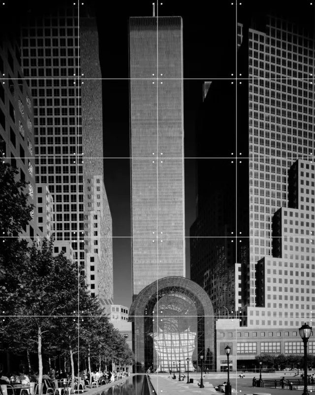 IXXI Twin Towers, Teun Voeten - 80 x 100 cm - Grote wanddecoratie en posters - Fotografie, Gang, Mancave, Woonkamer, Skyline, Stad, Gebouwen Monochroom / Zwart