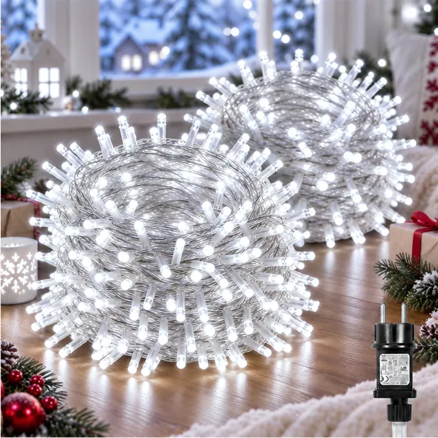 LAPAMAX LED Lichtsnoer Buiten 2 Stuks-Fairy Lights IP44-Kerstverlichting Buiten-Lichtslinger met Veilige 31V Laagspanning&Energiezuinig-Timer 6U/18U-8 Lichtstanden&Geheugen voor Kerstboom,Tuin&Terras-100 LED-10m-Wit