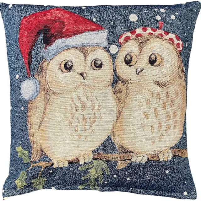 Emme Kussenhoes Christmas Owls - Kerst uilen - Met glitterdraad Blauw