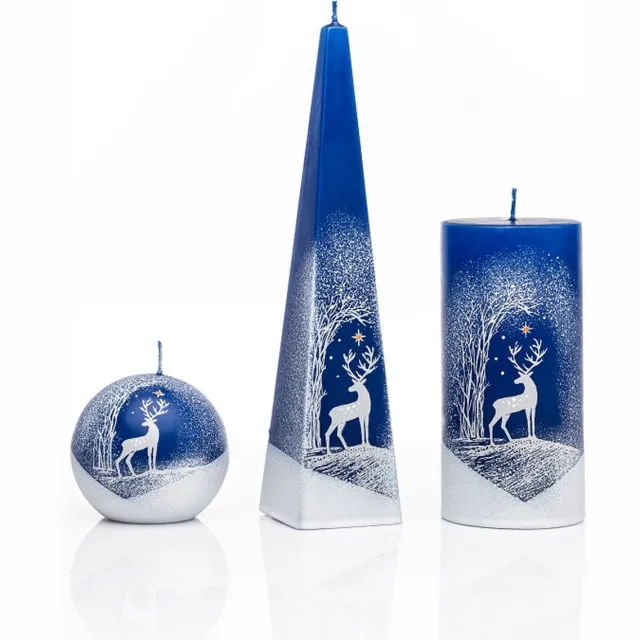 Jakelis Kaarsen - Set - Handgeschilderd - hert - kerst - goudkleur - sneeuw - glitters Blauw/goud/wit
