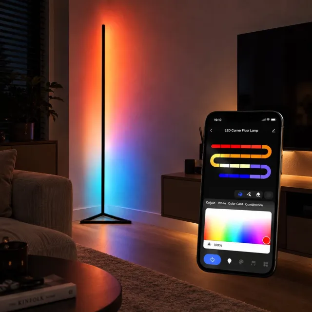 BUDDINGVE Slimme LED Vloerlamp - Modulaire Staande Driehoek Hoeklamp RGB + IC Warm Licht, Dimbaar, Muziekmodus, App & Afstandsbediening, Bluetooth, Hoogte Aanpasbaar 35–140cm, Moderne Sfeerverlichting Zwart
