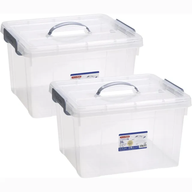 PLASTICFORTE Opslagbox AZUL serie - 2x - met deksel - transparant - 24 liter - 42 x 36 x 25 cm - kunststof - opbergdoos - opbergen