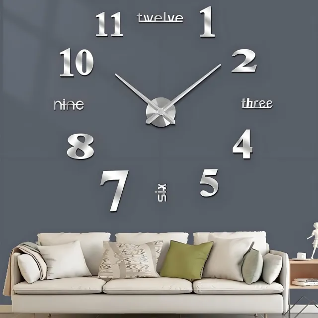 CORALTREE DIY moderne, grote wandklok met 3D-sticker, decoratie voor thuis en op kantoor (maat 90 cm - 1,8 m, zelfinstellend) (zilver)