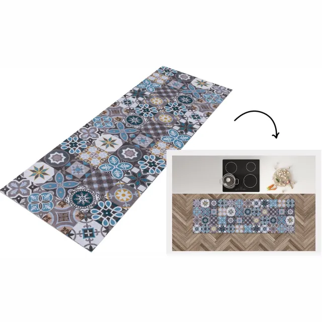 KitchenYeah Keukenloper - Loper keuken - Bloemen - Patronen - Blauw - Bruin - 150x50 cm - Keukenloper vinyl, foto 3