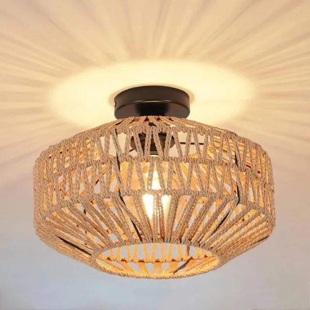 COOAU Rotan Plafondlamp - Rotan Vintage Lamp - Plafondlamp Slaapkamer - Lamp - Geschikt voor Lampen met een E27/E26 Fitting Zonder Lichtbron Naturel