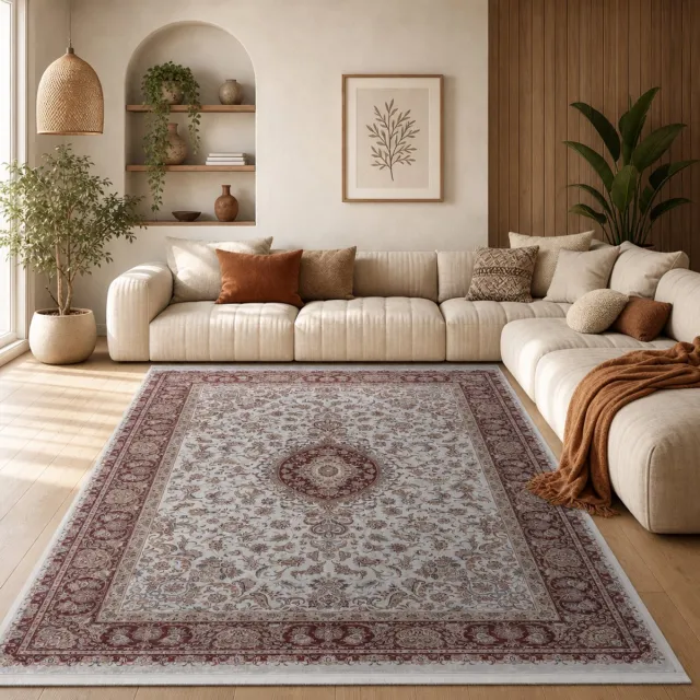 Muratap Star Klassiek Oosters Vloerkleed Wasbaar Anti Slip Creme Rood- 80x150 CM