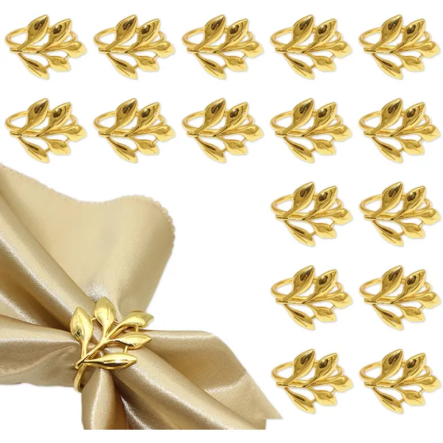 Famanu Set van 16 gouden servetringen met metalen bladeren, servethouders voor bruiloften, feesten en banketten, decoratieve tafeldecoratie