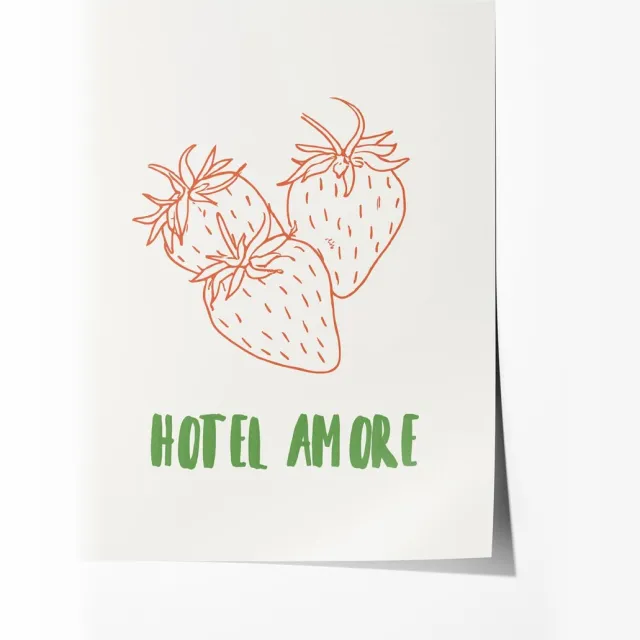 Hotel Amore Aardbei Poster - Poster 70x100 cm - Sfeervolle Wanddecoratie voor Woonkamer & Slaapkamer - zonder lijst Multicolor