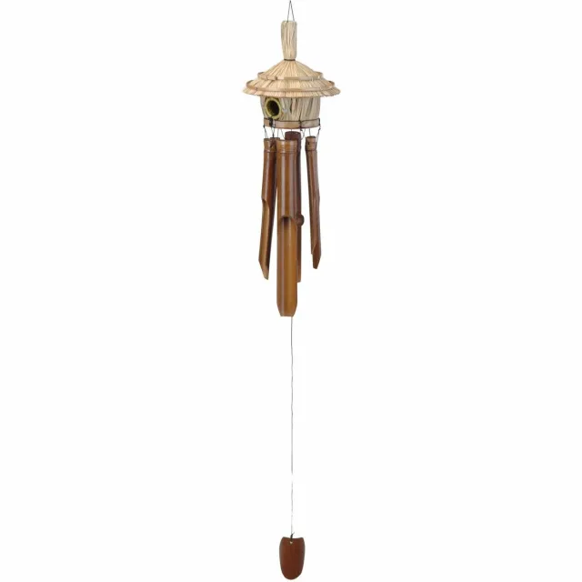 Excellent Houseware Windgong met vogelhuisje - bamboe hout - D16 x H90 cm - Tuin/balkon Lichtbruin