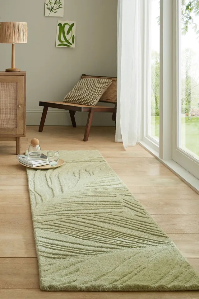 flycarpets Loper Lino Leaf Modern Laagpolig - 100% Wol Vloerkleed - Salie Groen - 60x230 cm