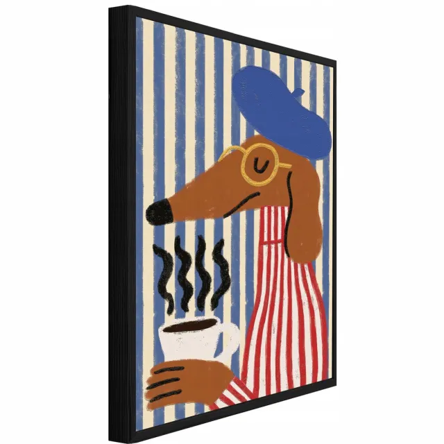 WALLARENA Schilderij met reliëf 90x60 cm - zwarte lijst - teckel met koffie - woonkamer en slaapkamer Bruin