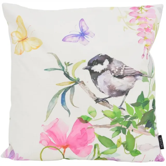 NOVÉE Aquarel Bird Kussenhoes | Outdoor / Buiten | Katoen/Polyester | 45 x 45 cm wit-roze-groen