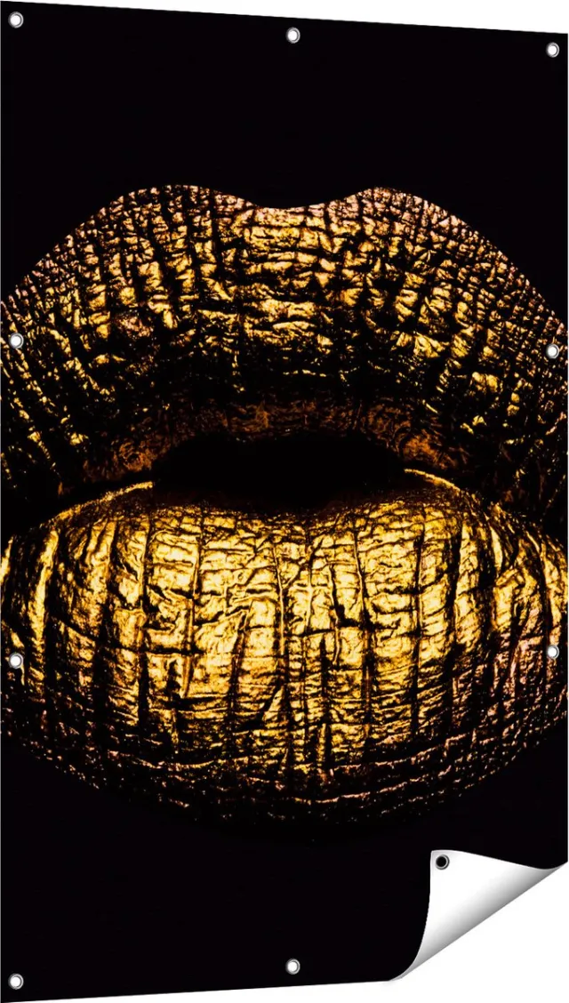 Gards Tuinposter Gouden Lippen - 80x120 cm - Tuindoek - Tuindecoratie - Wanddecoratie buiten - Tuinschilderij Multikleur
