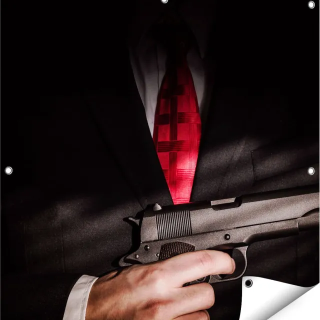 Gards Tuinposter Man van de Maffia met een Pistool Vast - 80x80 cm - Tuindoek - Tuindecoratie - Wanddecoratie buiten - Tuinschilderij Multikleur