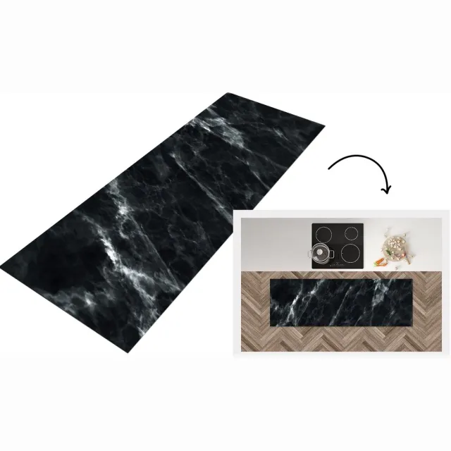 KitchenYeah Keukenloper 180x60 cm - Keukenmat vinyl Marmer - Zwart - Luxe - Keukenmatten loper - Keuken vloerkleed tapijt