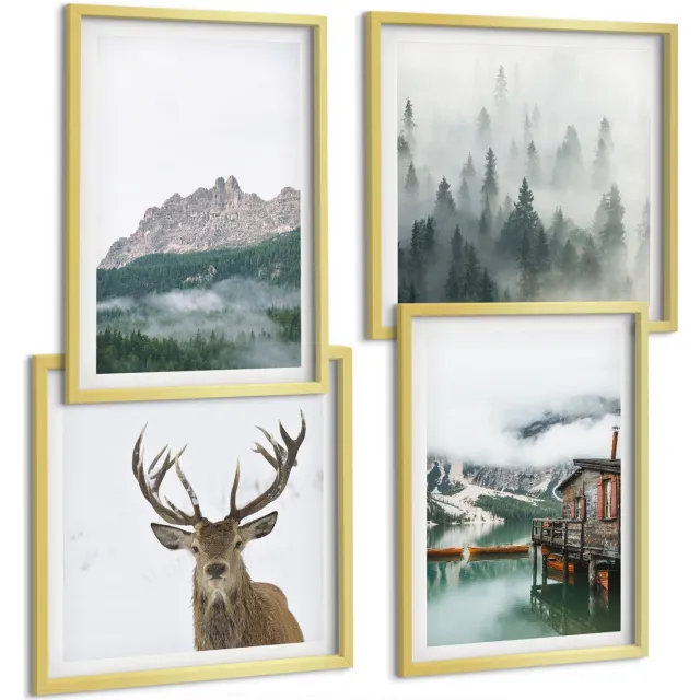 TULUP 4-Delige Schilderij Set - Bergen, meer, hertenhuisje en mist in het bos - 40 x 40 cm en 40 x 60 cm - Wanddecoratie - Woonkamer Decoratie - Interieur Decoratie Gouden lijst