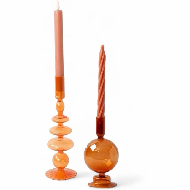 Winq ! Set 2 Stuks Glaskandelaar in de kleur Warm Oranje- Dinerkaars- woondecoratie - Kado set oranaje