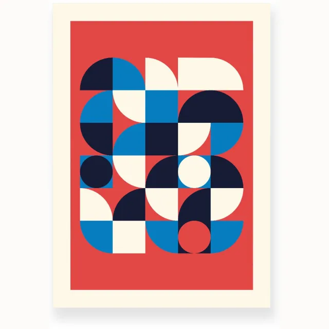 Yisual Poster 30x40 cm - Geometrisch Patroon - Rood - Blauw - Beige - Abstract - Vintage - Muurdecoratie - Wanddecoratie
