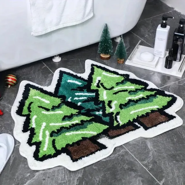 YAGXIG Winterbadmat - Kerstvloermat 50*80 cm - Groen dennentapijt - Geschikt voor badkamer Woonkamer - Superzacht en absorberend - Wasbaar - Antislip - Douchemat - Geschikt voor thuis Kerst Wintervakantie Decoratie
