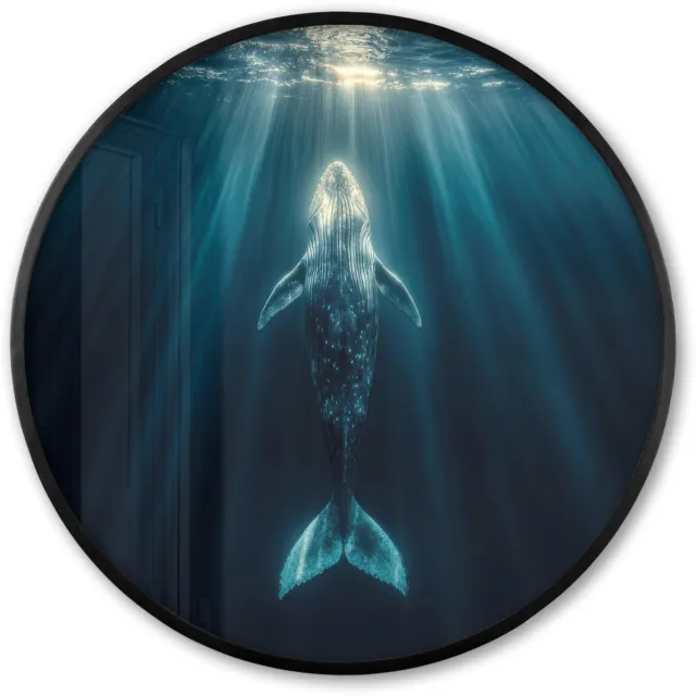 FrameYourWall Poster in lijst Rond - Fotolijst 80x80 cm - Posters - Walvis - Water - Zonnestralen - Blauw - Ronde posterlijst zwart - Decoratie - Wanddecoratie woonkamer - Muurdecoratie slaapkamer