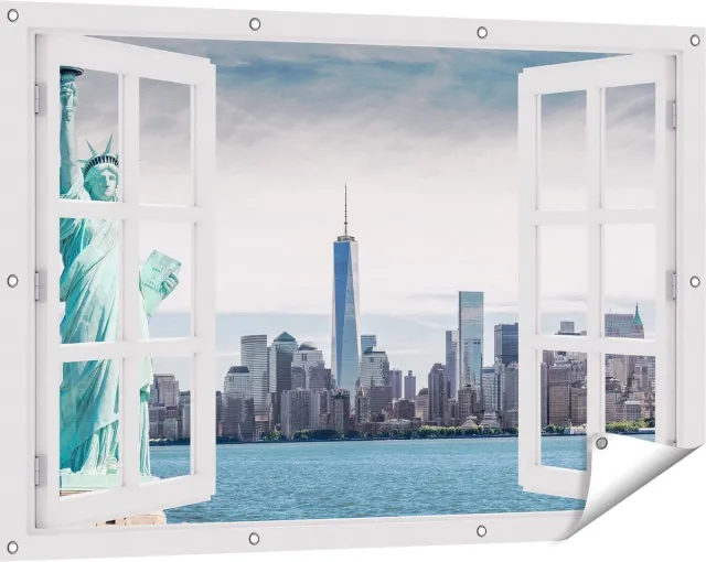 Gards Tuinposter Doorkijk Vrijheidsbeeld in New York - 120x80 cm - Tuindoek - Tuindecoratie - Wanddecoratie buiten - Tuinschilderij Wit